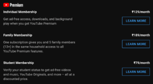 YouTube Premium Subscription Plans